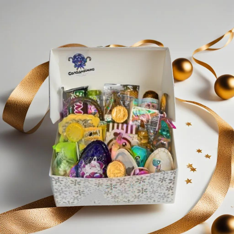 Оригінальний барвистий бокс із сюрпризом, Солодкий дитячий подарунок з іграшкою та солодощами