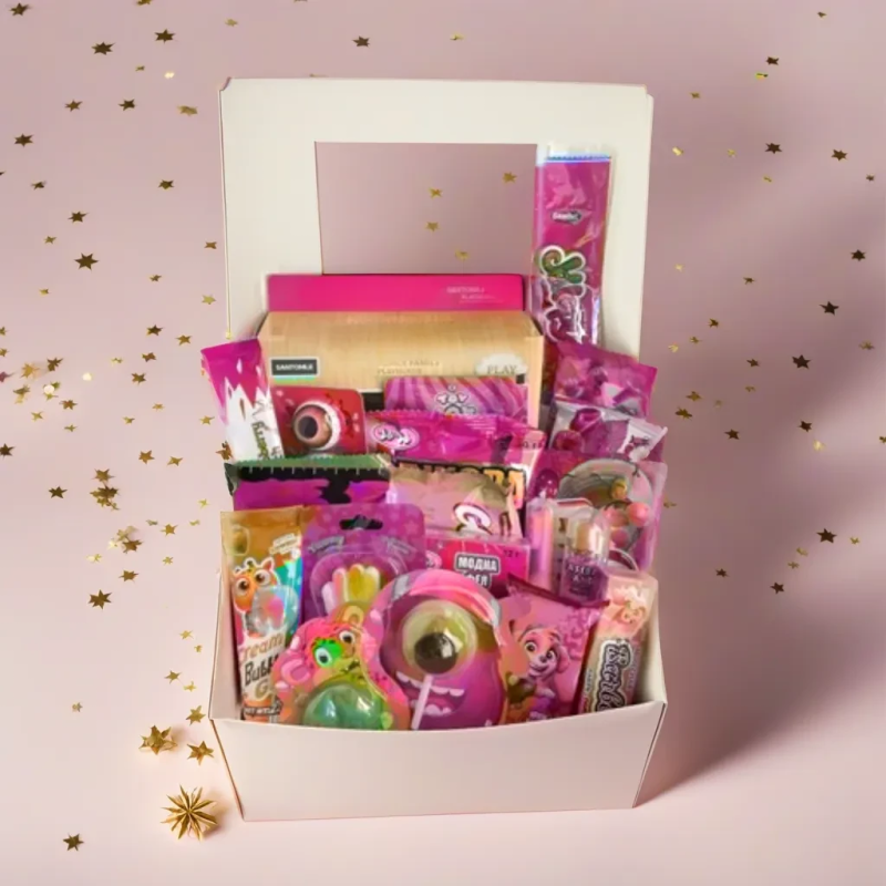 Подарунковий рожевий бокс для дівчинки, Солодкий подарунок на свято, Бокс з цукерками на подарунок