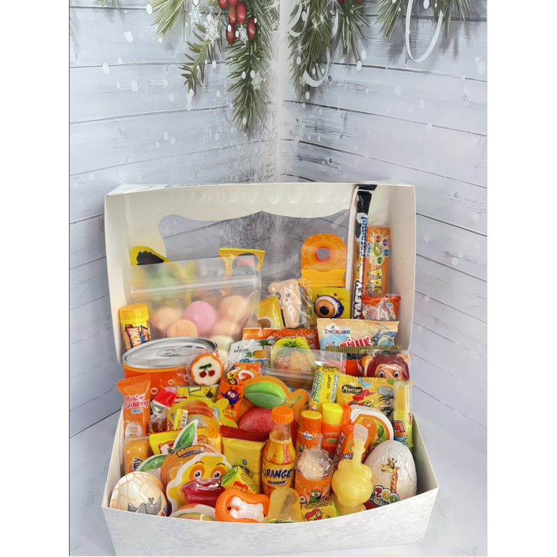 Великий барвистий бокс з сюрпризом, солодкий дитячий подарунок з іграшкою та солодощами