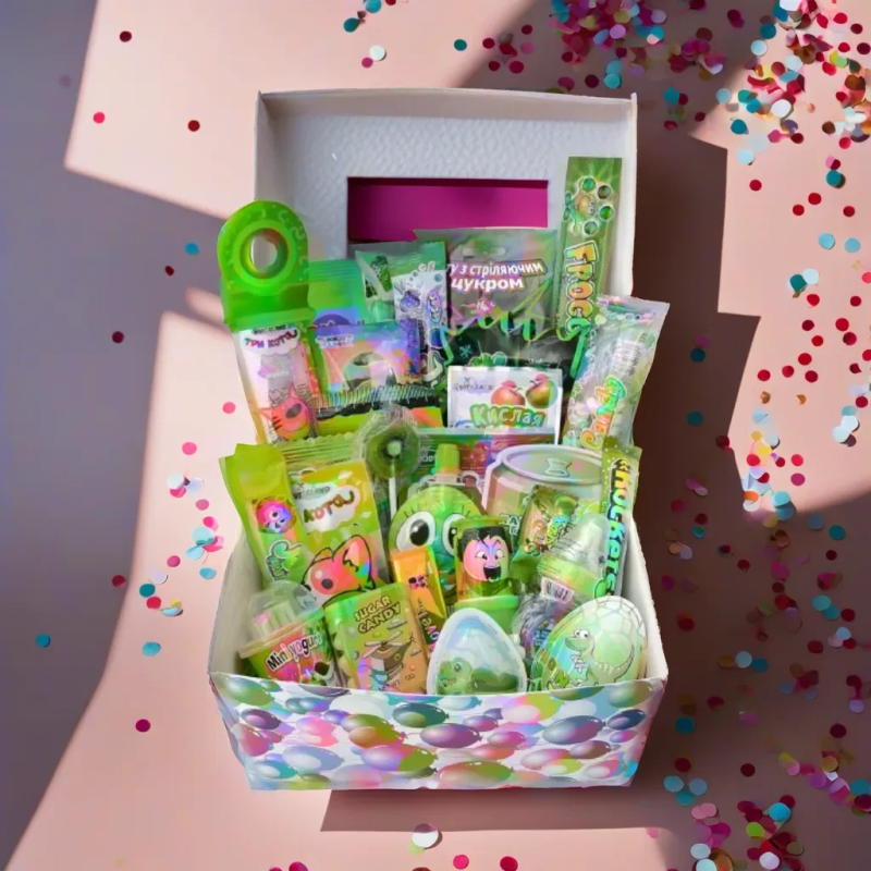 Зелений SweetBox дитячий, Подарунок на день народження, Набір цукерок для дитячого свята