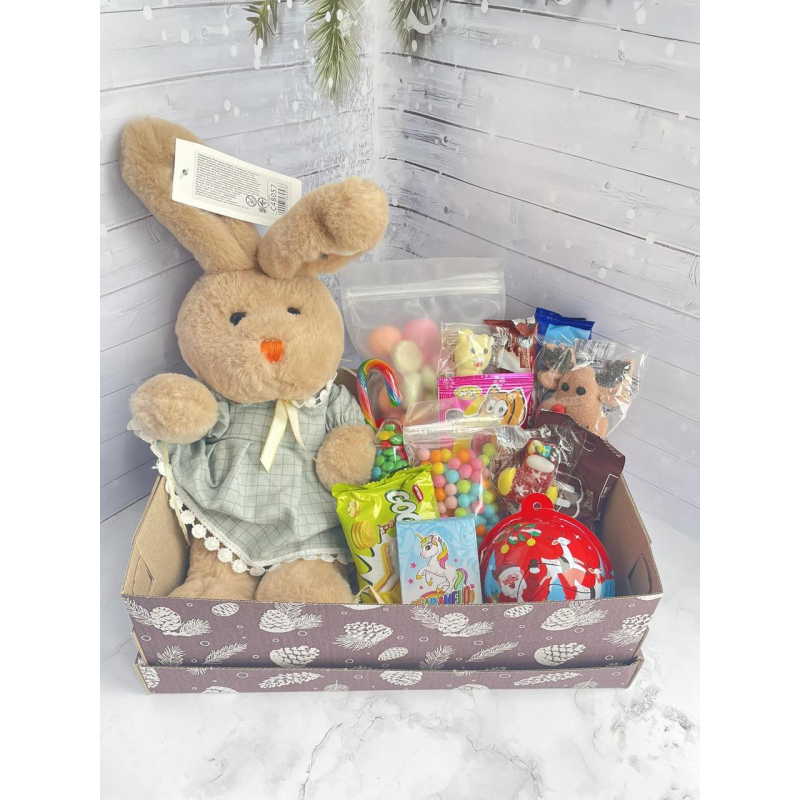 Великий бокс з м'якою іграшкою для дівчинки та хлопчика, Подарунок на день народження, Смаколики на свято дитині