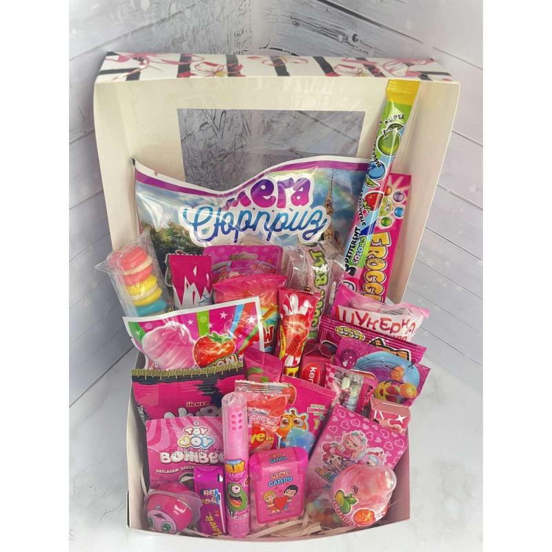 Набір цукерок для дівчинки великий рожевий з іграшкою, подарунок для свята для дитини