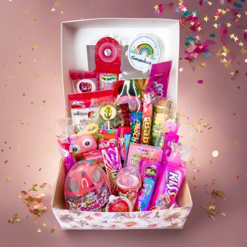 Подарунок-сюрприз для дівчинки, рожева коробка з цукерками для дня народження, світ бокс для юної леді